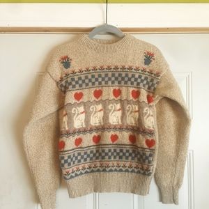 Vintage 90s Eddie Bauer Wool Sweater Size Small Cats Hearts Cottage Design